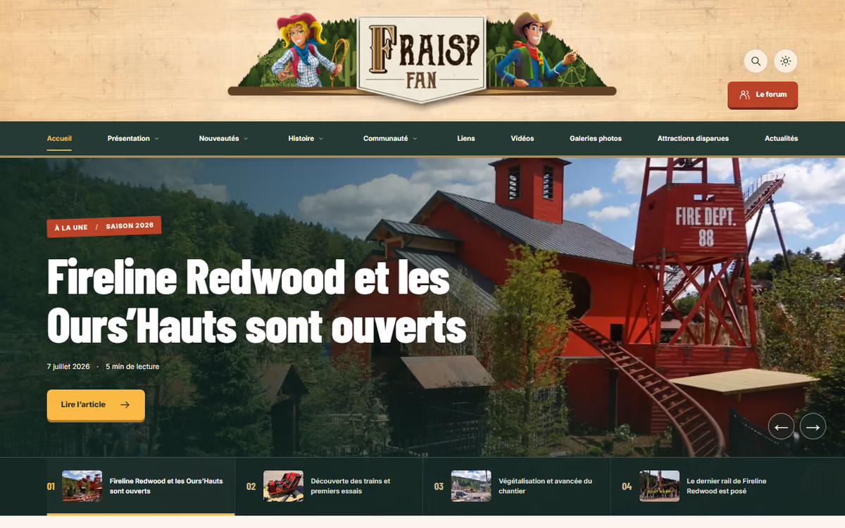 Page d'accueil du site Fraisp'Fan : bandeau western, article à la une et fil d'actualités