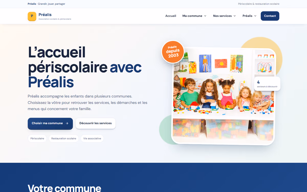 Page d'accueil du site Préalis : accueil périscolaire, choix de la commune et accès aux services